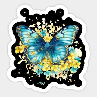 Blue and Gold Butterfly with Flowers Sticker